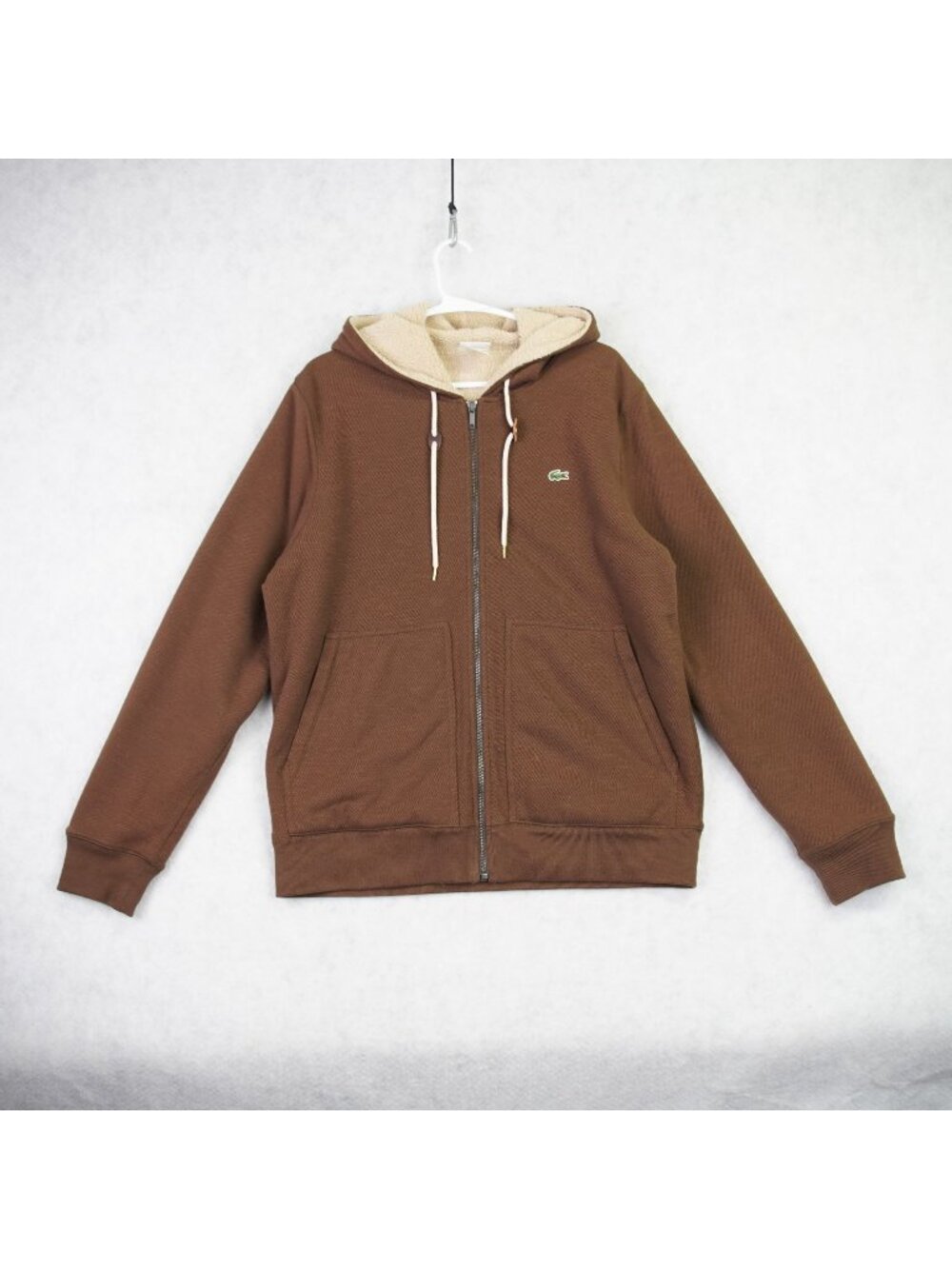 Lacoste Mens Sherpa Lined Full Zip Hoodie Size 5 US L Brown Patch Logo Outdoor